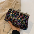Colorful geometric sequin evening bag with silver rhinestone ring handle and chain strap - Colorful