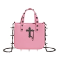Pink gothic punk handbag with metal cross, studs, and chain strap in premium PU leather - Cross Pink