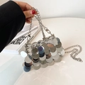 Mini silver sequin evening clutch bag with round metallic scales and chain strap - Silver