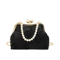 Elegante schwarze Spitzen-Abendtasche mit Perlengriff und goldener Kette - Schwarz