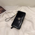 Portefeuille long noir en cuir ciré avec boucle vintage et dragonne amovible - Noir