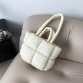 Quilted tote bag in cream white with padded puffer design and large square stitch details - White