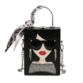 Französische Mode-Box-Tasche mit trendigem Sonnenbrillen-Mädchen-Print und Seidengriff - Schwarz