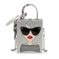 Silberne Box-Tasche mit Pop-Art-Porträt, Strass-Details und Seidenschal-Griff - Silber