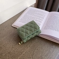 Quilted Morandi green tri-fold mini card holder wallet with elegant golden zipper detail - Green
