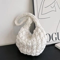 White puffy cloud hobo bag with quilted bubble texture and wide pleated strap - White
