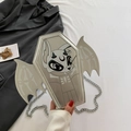 Silver coffin crossbody bag with cartoon bat and metal chain strap for gothic style - Silver