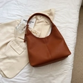 Brown lychee-textured leather tote bag with large capacity and minimalist shoulder strap - Brown