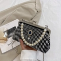 Elegant black rhinestone handbag with pearl handle and chain strap for evening events - Silver
