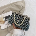 Elegant black evening clutch with colorful rhinestones, blue gem and pearl handle - Colorful