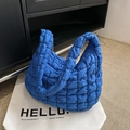 Royal blue quilted puffer tote bag with fluffy texture and large capacity handles - Blue
