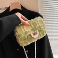 Quilted tweed crossbody bag in green and cream with frayed edges and chain strap - Green Yellow White Plaid (5287629283527) / Green
