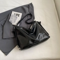 Large black minimalist hobo tote bag in glossy leather finish with adjustable strap - Black