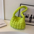 Quilted puffy shoulder bag in neon green featuring large square stitching and padded strap - Fruit Green