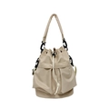 Borsa a secchiello in nylon beige con coulisse, ganci neri e dettagli in corda bianca - Cachi