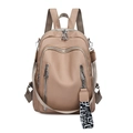 Fashionable khaki large capacity soft leather backpack with stylish geometric ribbon detail - Lychee Pattern with Geometric Webbing / Khaki