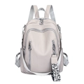 Fashionable beige soft leather backpack for women with geometric patterned strap - Lychee Pattern with Geometric Webbing / Off White
