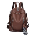 Brown lychee grain leather backpack for women with silver hardware and geometric strap - Lychee Pattern with Geometric Webbing / Brown