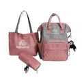 Pink and grey 3-piece mummy backpack set with quilted detail and monkey charm - 3-Piece Set (Without Pendant) / Pink and Grey