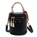 Minimalistische schwarze Zylindertasche mit Leoparden-Halstuchgriff und Goldschloss - Schwarz