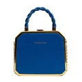 Royal blue rigid box bag with gold metal frame and spiral handle for formal evening events - Blue