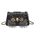 Bolso bandolera de búho en cuero acolchado negro con borlas de cuentas de colores y tachuelas - Negro Con Diamantes de Imitación