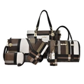6-piece large capacity plaid tote bag set with brown synthetic leather and gold hardware - 6-Piece Set / Brown