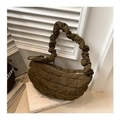 Olive green quilted bubble cloud shoulder bag with ruffled handle and square stitching - Coffee