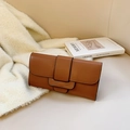 Elegant long brown leather wallet with buckle closure on a soft warm background - Brown