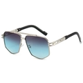 Fashionable double-bridge aviator sunglasses with silver metal frame and gradient lenses - Silver Frame Gray Blue Lens