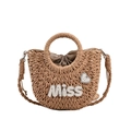 Borsa a semicerchio in paglia con lettere MISS di perle e fodera a pois con coulisse - Cachi