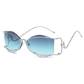 Fashionable rimless butterfly sunglasses with silver metal frame and blue gradient lenses - Silver Frame Gray Green Lens