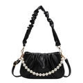 Black pleated cloud bag with pearl chain handle and adjustable crossbody strap - Black