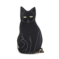 Chic black cat-shaped crossbody bag with green eye accents and gold chain strap - Black