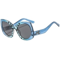Occhiali da sole cat eye con montatura blu trasparente, bordi leopardati e logo MC dorato - Montatura Blu Lenti Grigie