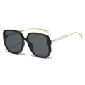 Schwarze quadratische Übergroße-Sonnenbrille mit goldfarbenen Perlen-Bügeln - Schwarzer Rahmen Schwarz Graue Gläser