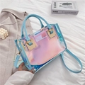 Iridescent laser PVC handbag with light blue leather handle and pink inner pouch - Blue Holographic Set Bag / Blue