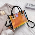 Orange holographic PVC tote bag with black handles and metallic gold buckle details - Black Holographic Set Bag / Black