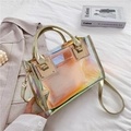 Iridescent laser PVC tote bag with peach pink inner pouch and gold handles - Gold Holographic Set Bag / Gold