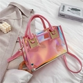 Pink iridescent PVC jelly bag with matching inner pouch and gold hardware handles - Pink