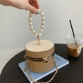 Borsa da sera cilindrica oro con strass e manico in perle sintetiche eleganti - Oro