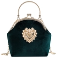 Borsa a conchiglia in velluto verde scuro con cuore dorato e manico in metallo - Verde