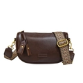 Deep brown crescent crossbody bag with a wide colorful geometric woven shoulder strap - Coffee