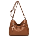 Dark brown pebbled leather crossbody bag with multiple front zippers for women - Yellow Brown
