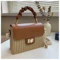 Brown leather and straw woven crossbody bag with pleated handle and rope strap - Brown