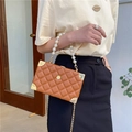 Brown quilted crossbody box bag with faux pearl handle and gold-tone metal corners - Brown