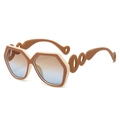 Fashionable oversized hexagonal sunglasses with chain cutout temples and gradient lenses - Brown Beige Frame Tea Blue Lens