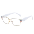 Stylish square gold metal glasses with wide white temples and red-blue stripe accents - White Gold Frame