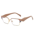 Stylish square half-frame glasses in brown and gold with unique tri-color temple accents - Rice Coffee Gold Frame