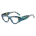 Retro cat-eye sunglasses with blue and yellow tortoiseshell frames in a 3/4 view - Blue Leopard Frame